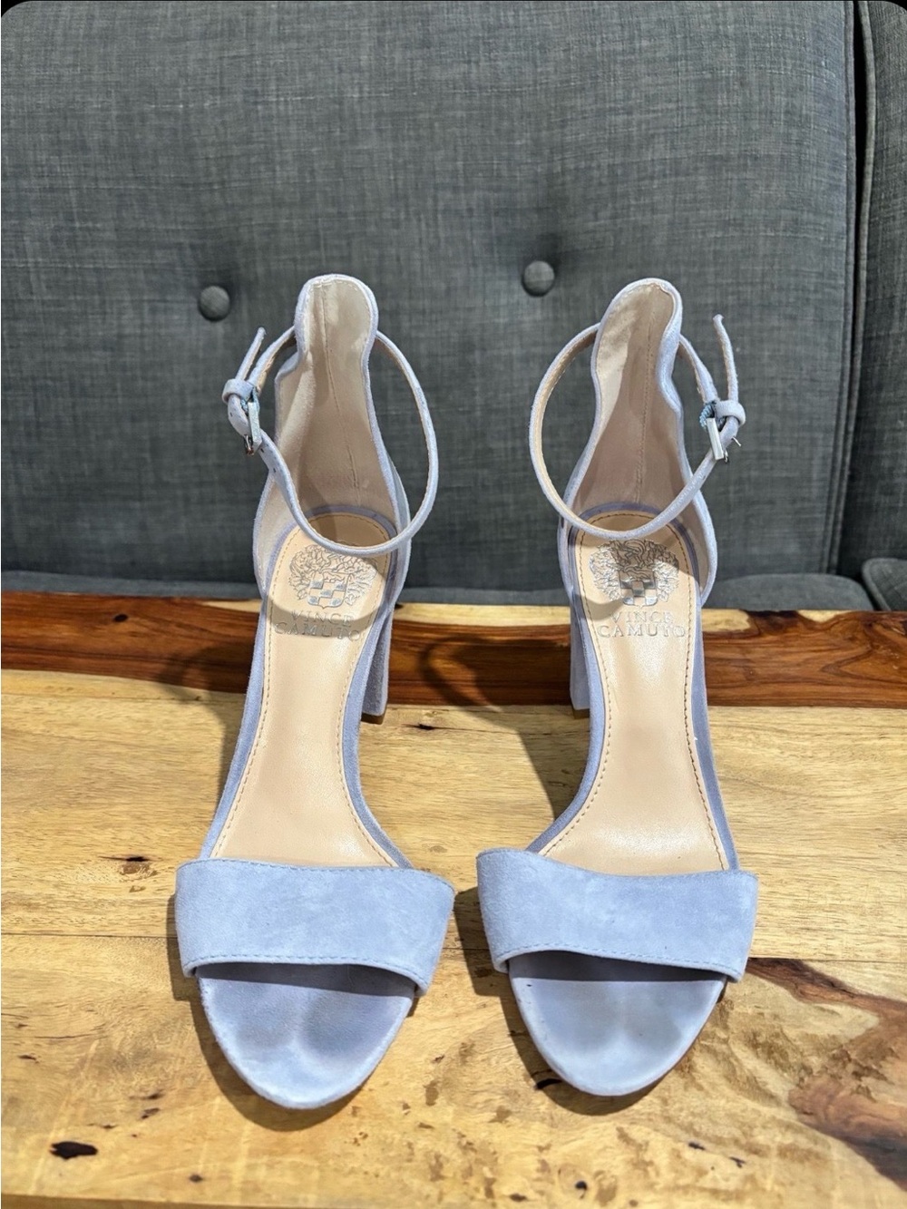 Pale Blue Suede Ankle-Strap Block Heels